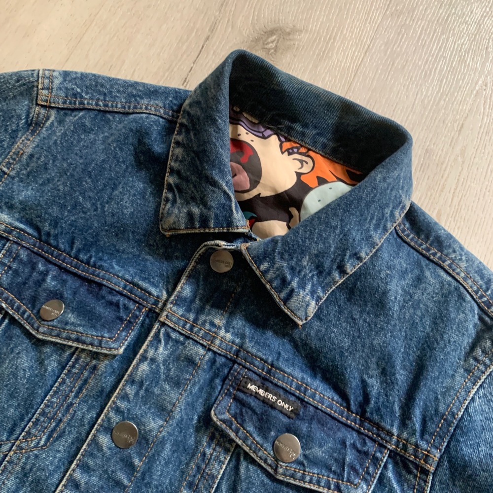 Members Only Reversible Denim Jacket Nickelodeon Cartoon Print Medium Wash Blue